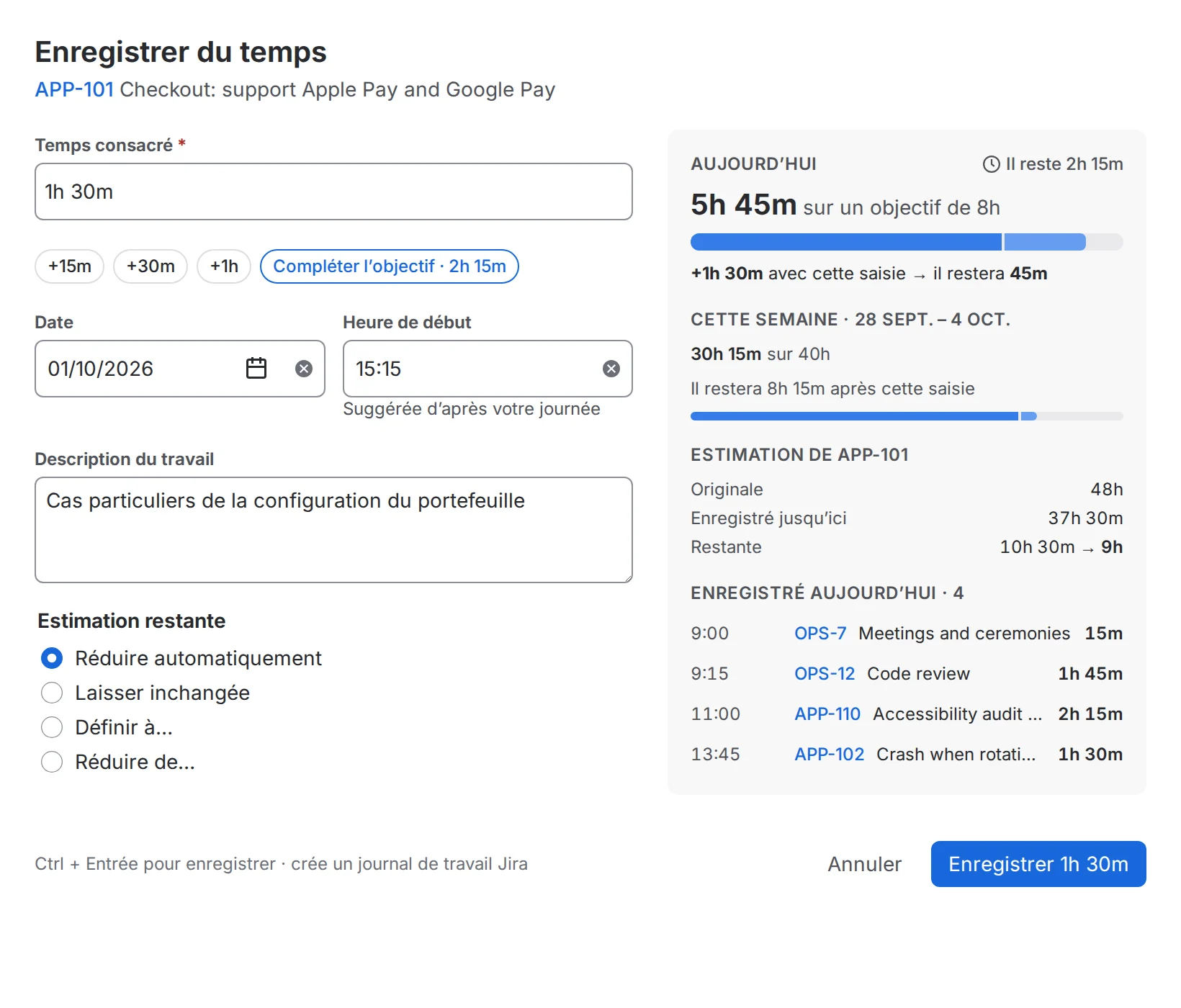 La fenêtre « Enregistrer du temps » en Français.