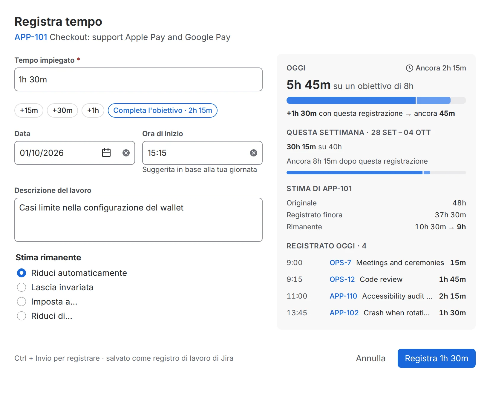 La finestra “Registra tempo” in Italiano.