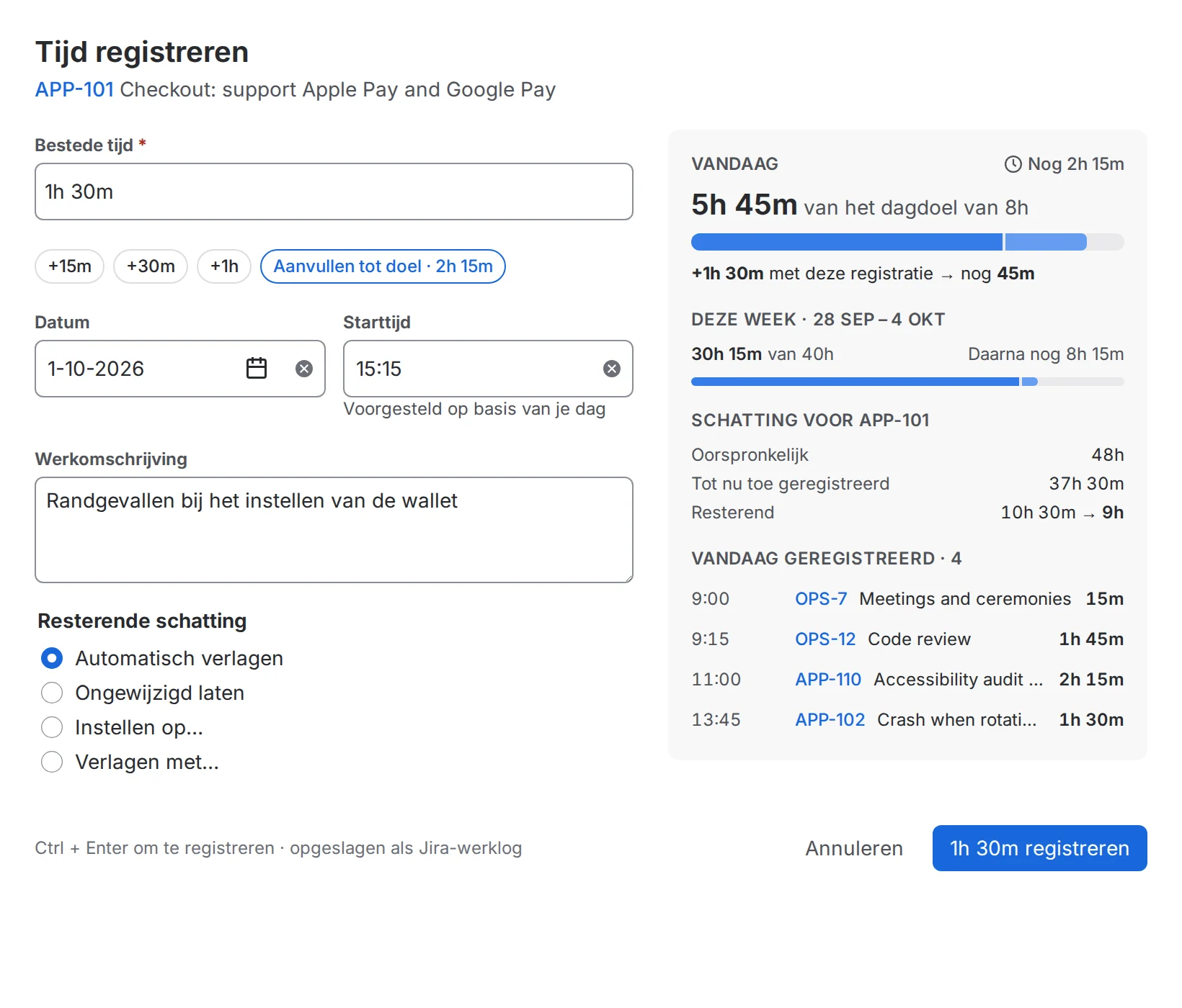 Het venster “Tijd registreren” in het Nederlands.
