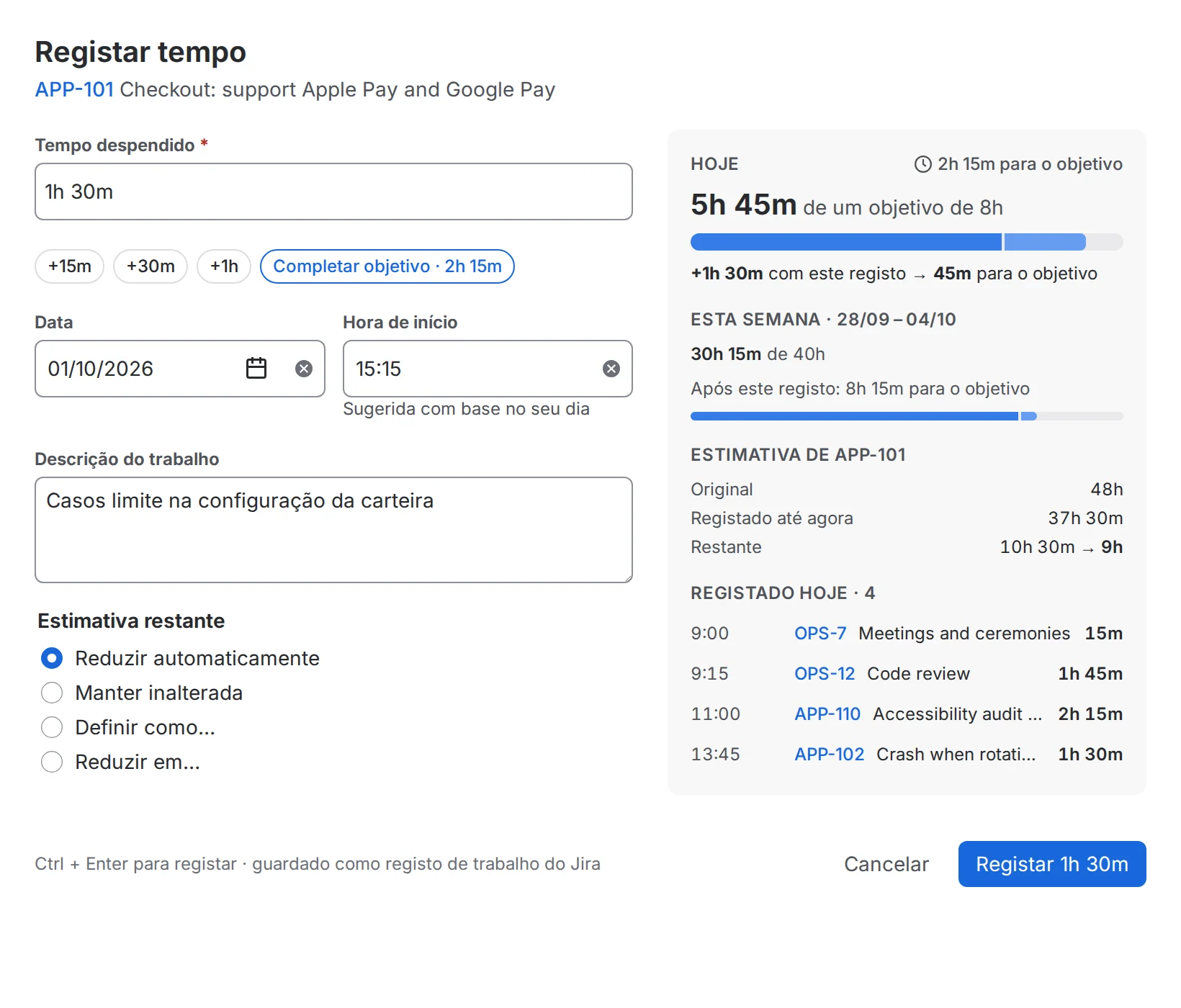 A caixa de diálogo Registar tempo em Português (Portugal).