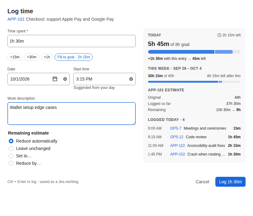 The Clocker Log time dialog with a 1h 30m entry previewed against the daily goal.