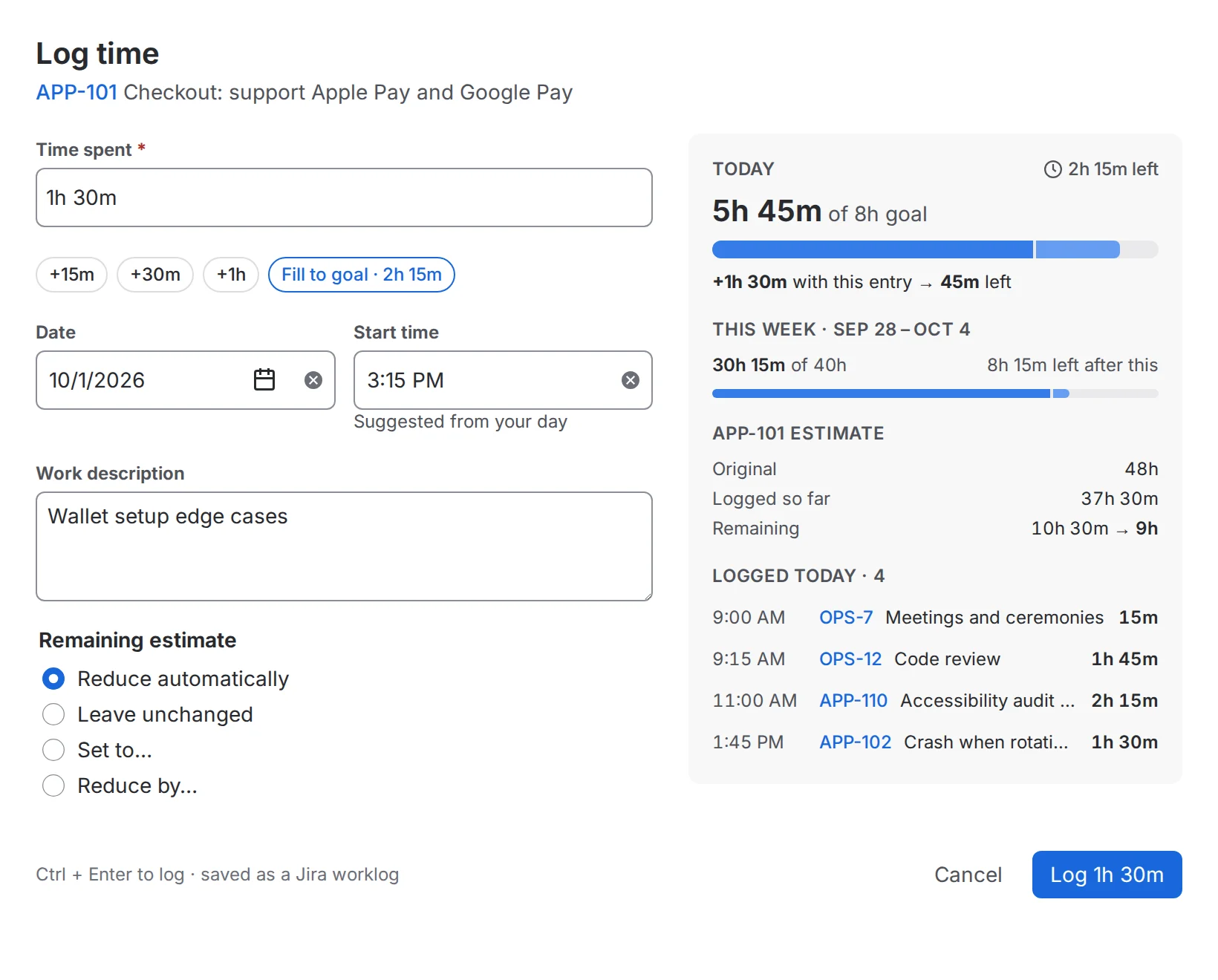 The Log time dialog: an entry of 1h 30m is previewed against today's 8h goal.